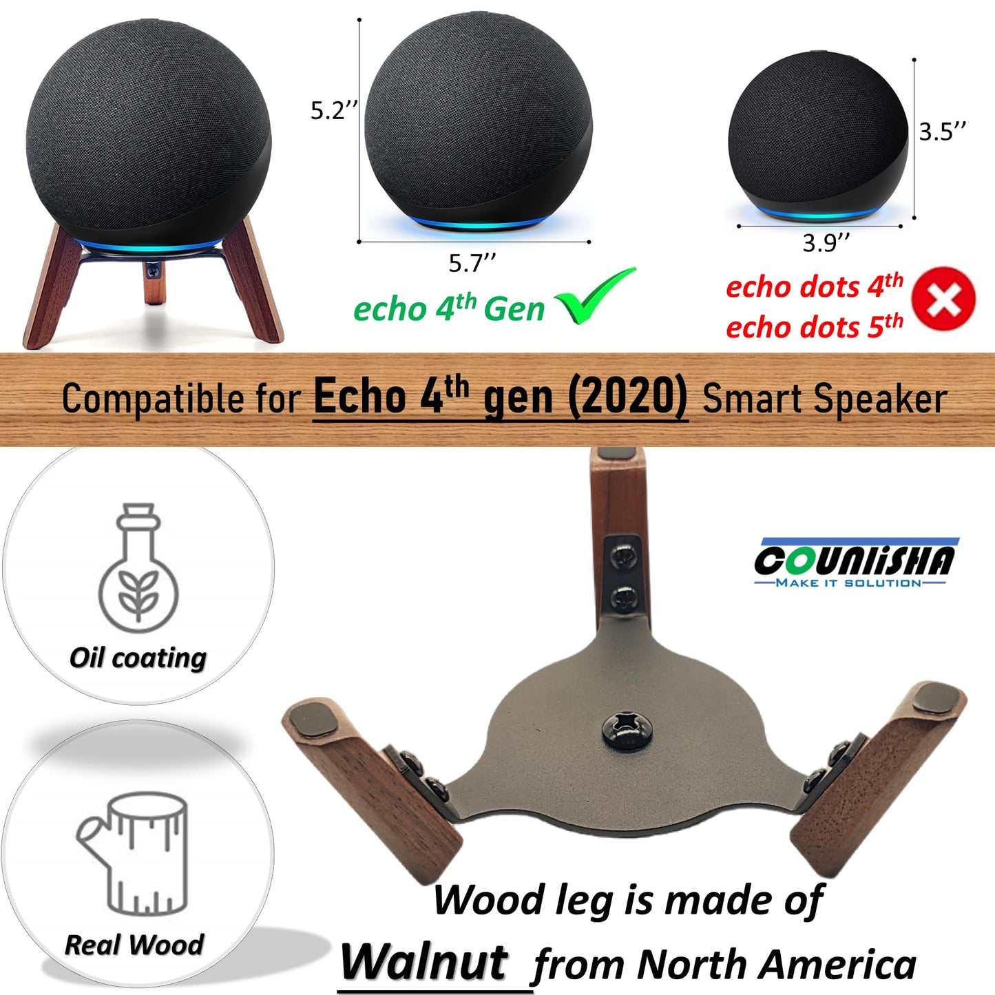 Real Wood Stand for Echo (4th Gen) Speaker (2020),Tripod Holder Accessories Protect Alexa Speaker for Sound Better,Secure Stable Wooden Mount with Metal Frame for Echo Newest Model 2024 (Walnut)