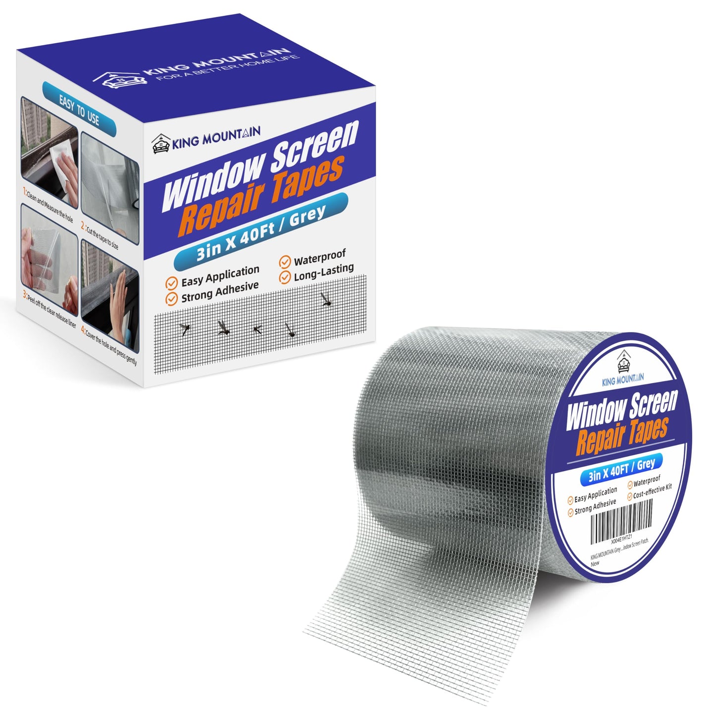 KING MOUNTAIN Grey Window Screen Repair Tape,3inX40FT Heavy Duty Screen Repair Kit for Window Screen and Screen Door Tears Holes,Strong Adhesive & Waterproof Window Screen Patch