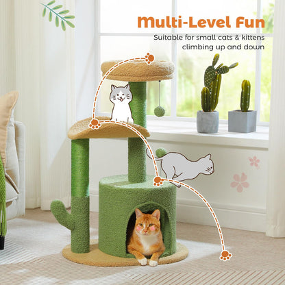 PAWZ Road Cactus Cat Tree Small Cat Tower 32” Cat Scratching Post with Curved Perch, Cozy Cat Condo, Removable Padded Top Bed for Kittens and Indoor Cats-Green