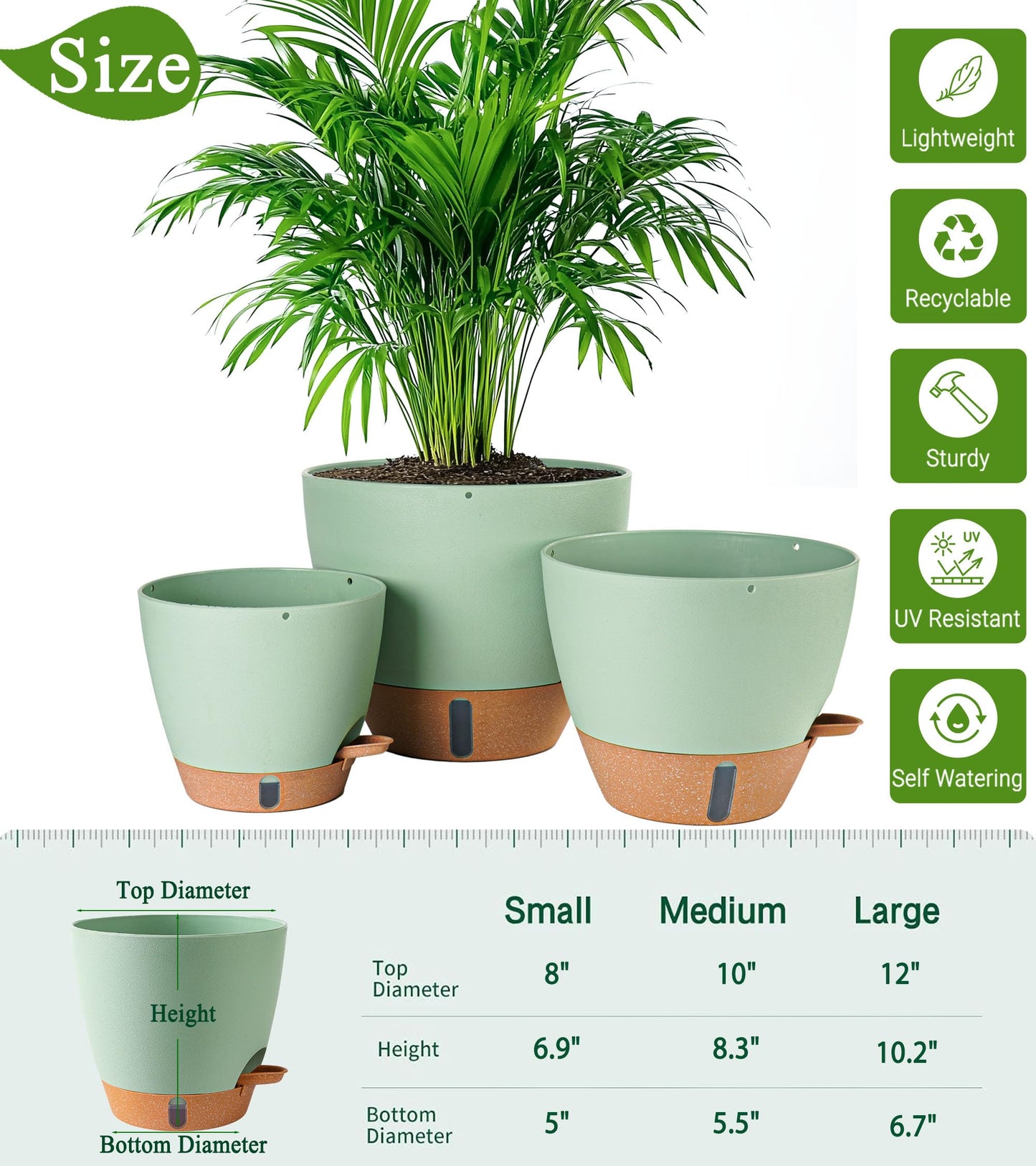 Fielda 8/10/12 Inch Self Watering Pots for Indoor/Outdoor Plants - Large Plastic Planter with Drainage Holes, Water Level Indicator & Deep Reservoir, Modern Decorative Flower Pots (Green)