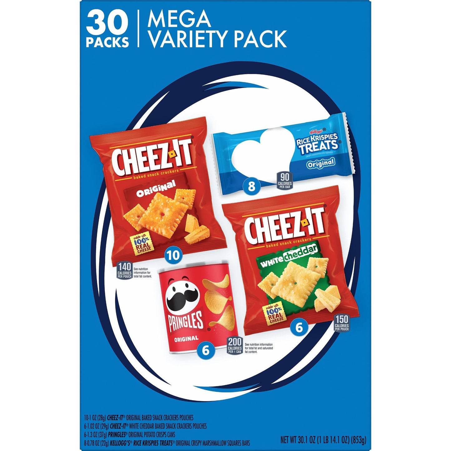 Kellogg's Cheez-It, Pringles & Rice Krispies Treats Snacks Mega Variety Pack, 30.1oz Box (30 Count)