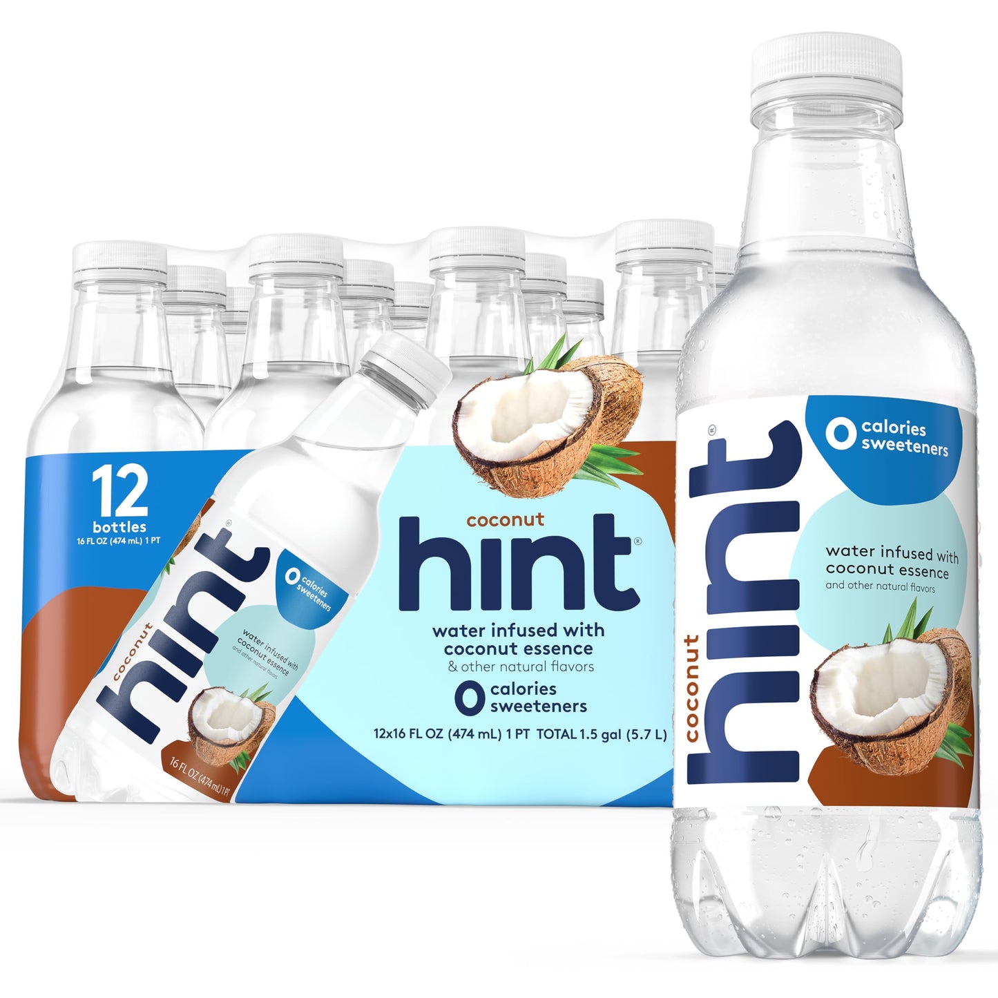 Hint Fruit-Infused Bottled Water, Coconut - Sugar Free Flavored Water with Zero Calories, Naturally Flavored, and No Artificial Sweeteners - 16 Fl Oz (Pack of 12)