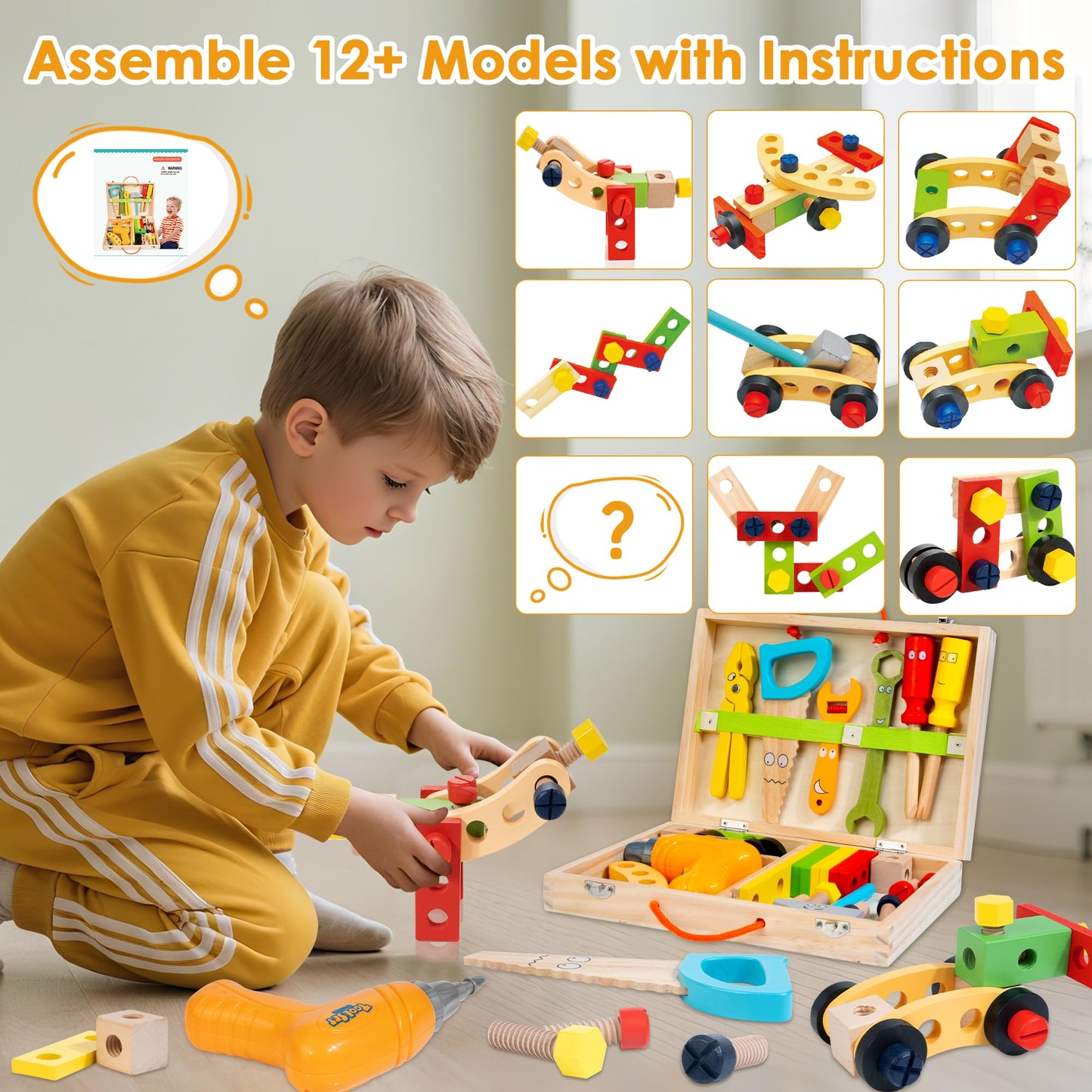 KIDWILL Kids Tool Set with Electric Drill & DIY Stickers, Toddler Tool Set for Kids Ages 3-5 Year Old Boys Girls, Pretend Play STEM Montessori Educational Construction Toys