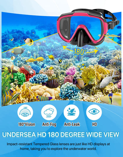 Ubekezele Snorkeling Gear for Adults Men Women,4 in 1 Snorkel Set with Panoramic View Diving Mask Anti-Fog Anti-Leak,Dry Top Snorkel,Fins and Travel Bag for Swimming,Snorkeling and Travel Diving