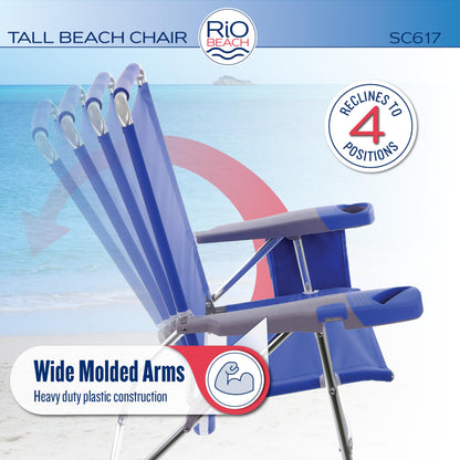 Rio Brands 17" Extended Height 4-Position Folding Beach, Camping, Lawn Chair, Blue/White/Green
