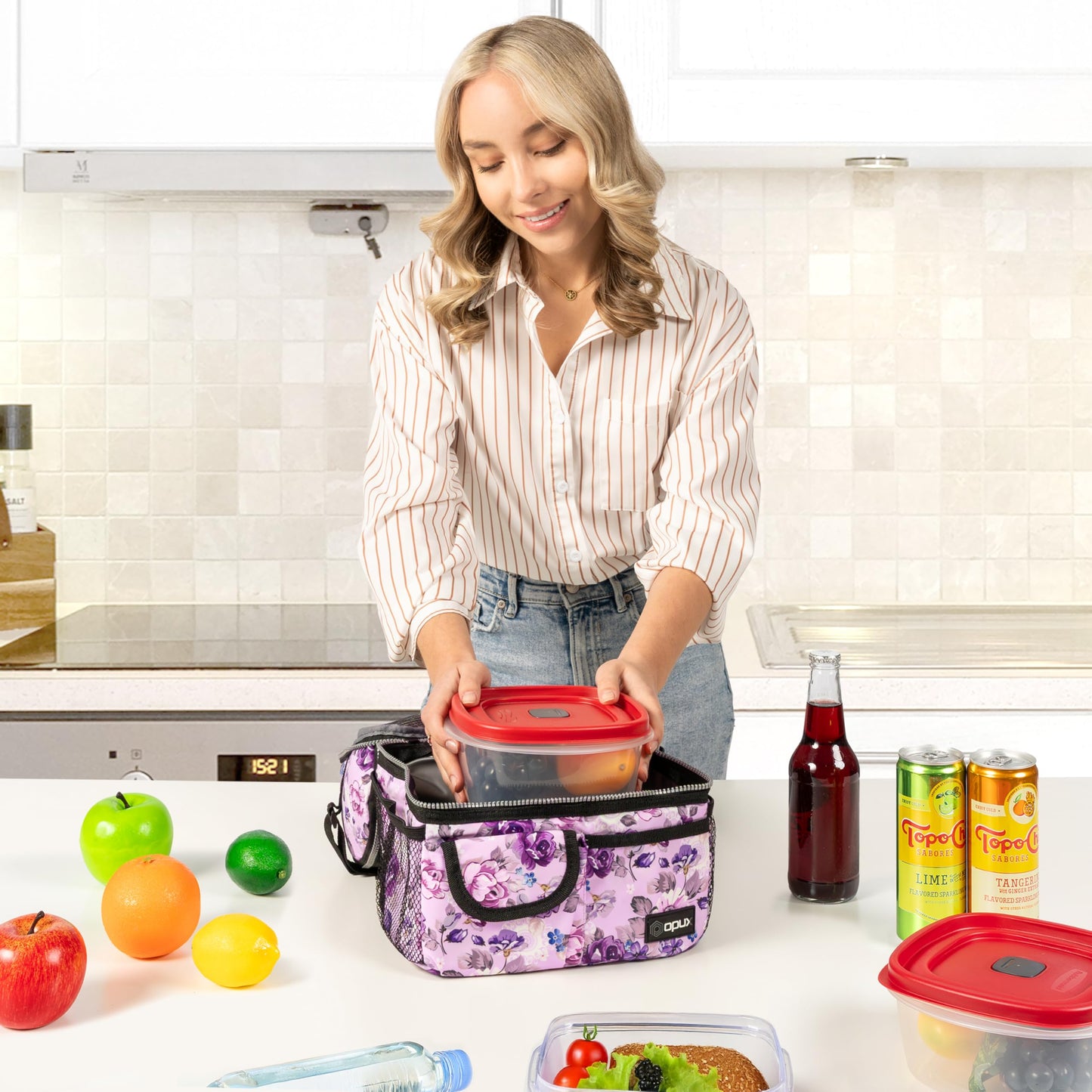 opux Lunch Bag Women Insulated, Adult Lunch Box Cooler, Flower Lunch Box, Dual Compartment Lunchbox for Work, Leakproof Double Decker Lunch Bag, Soft Lunch Pail Tote Girls Kids School, Floral Purple