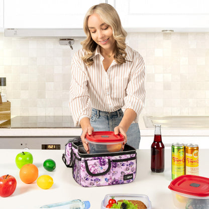 opux Lunch Bag Women Insulated, Adult Lunch Box Cooler, Flower Lunch Box, Dual Compartment Lunchbox for Work, Leakproof Double Decker Lunch Bag, Soft Lunch Pail Tote Girls Kids School, Floral Purple