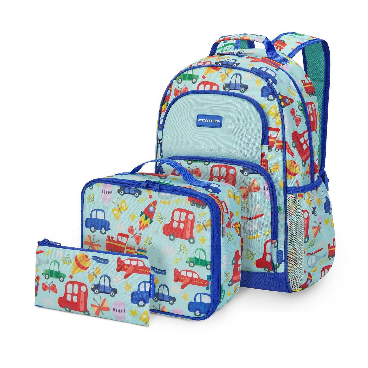 mommore Kids Backpack Set, Lightweight School Backpack for Kids Elementary Car Bookbag for Students with Chest Strap Water Resistant,3pcs blue