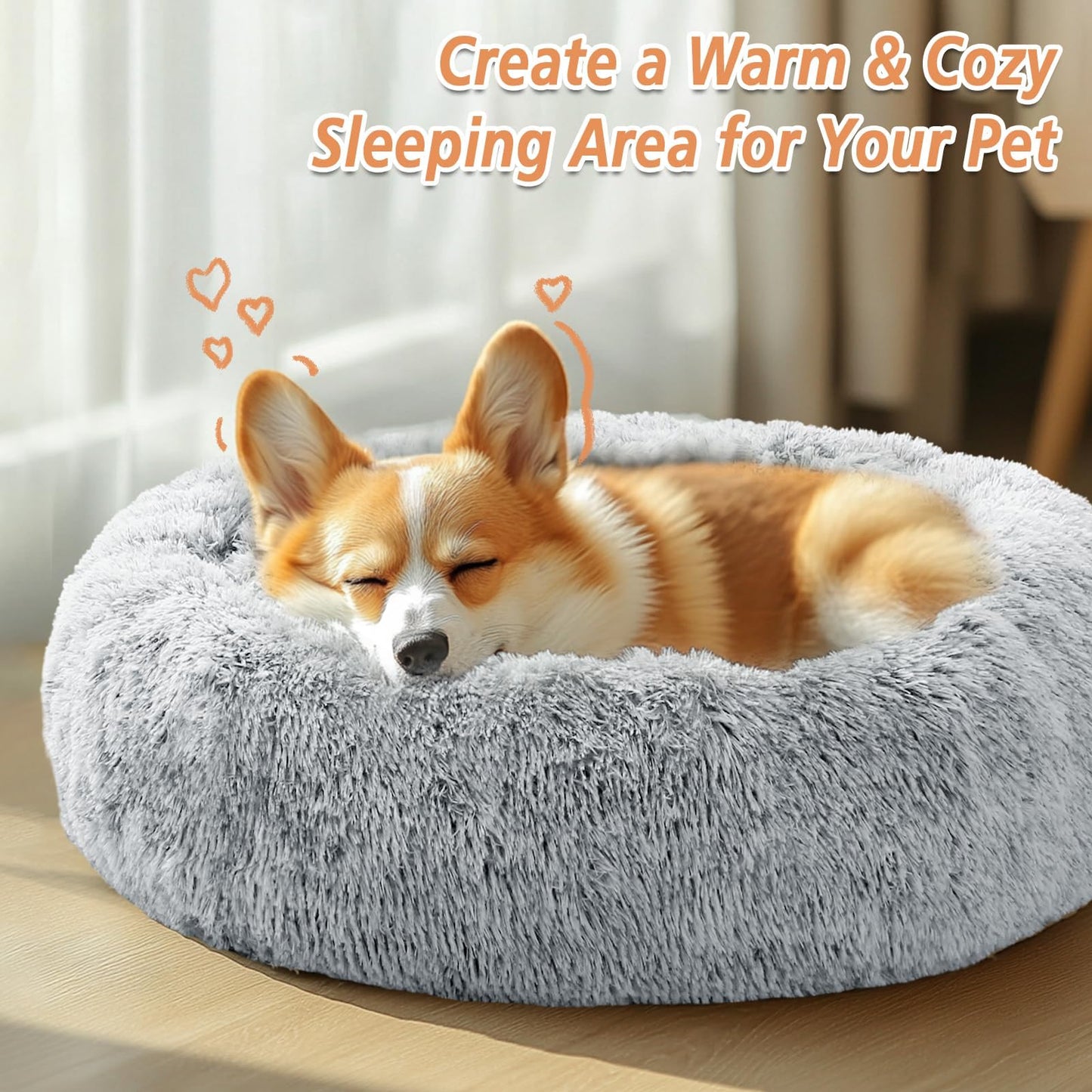 JOLLYVOGUE Calming Dog & Cat Bed for Small Dogs, Anti-Anxiety Donut Cuddler Cozy Soft Round Bed with Anti-Slip Bottom, Fluffy Faux Fur Plush Cushion Beds for Small Medium Dogs (20")