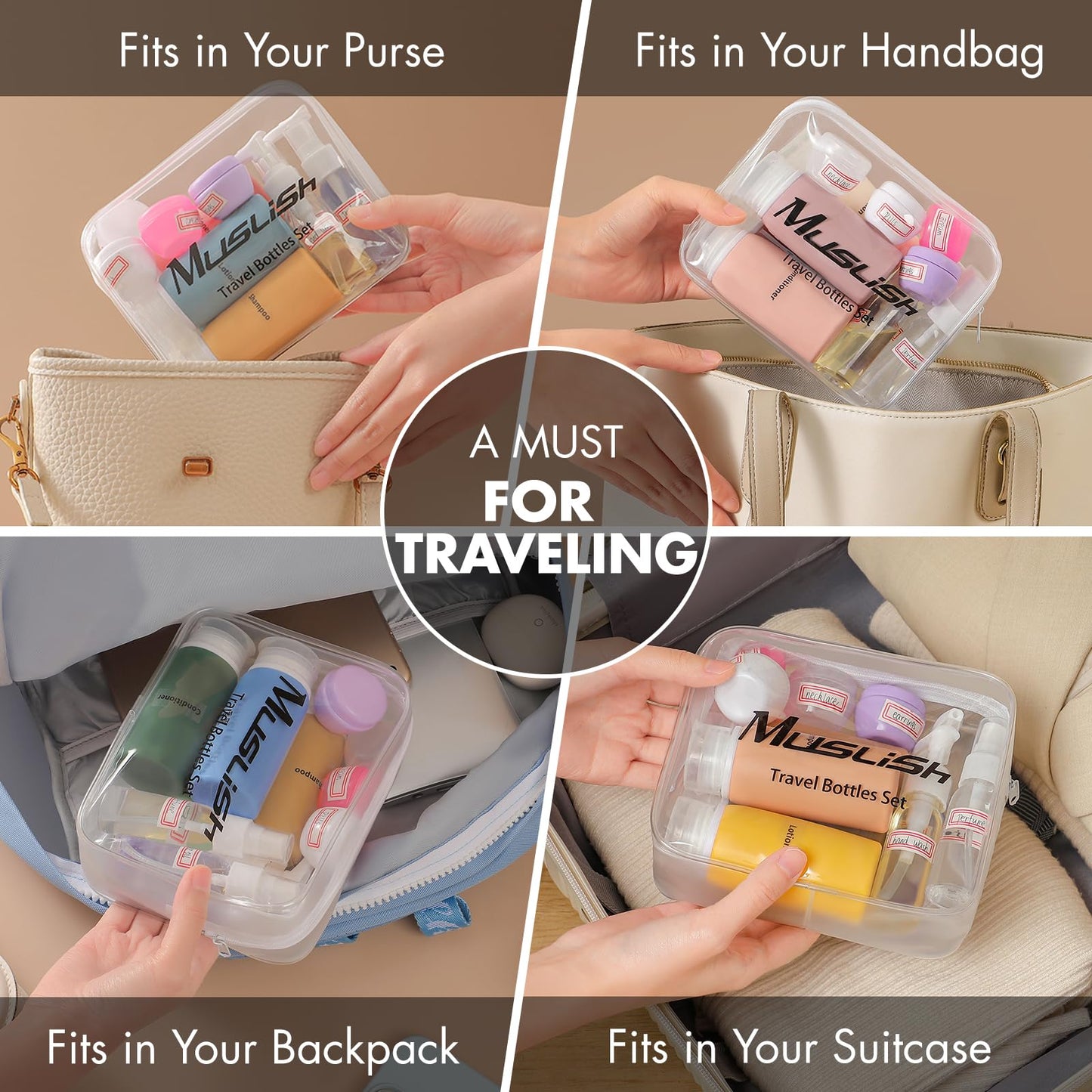 Muslish 21 Pack Leak Proof Silicone Travel Bottles Set, TSA Approved Containers for Toiletries, Travel Size Accessories and Shampoo Conditioner Bottles with Toiletry Bag (BPA Free)