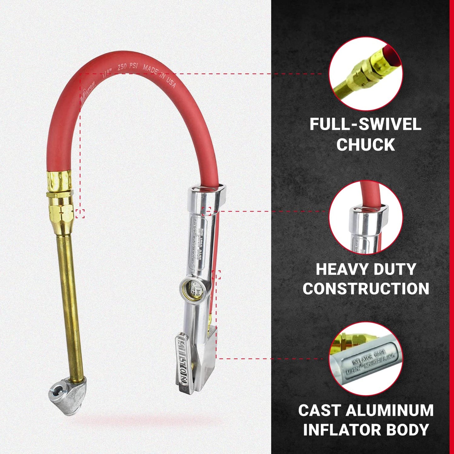 New & Improved - Tire Inflator Gauge with Dual Head Air Chuck 15” Air Hose 10-160 PSI (Box of 5)