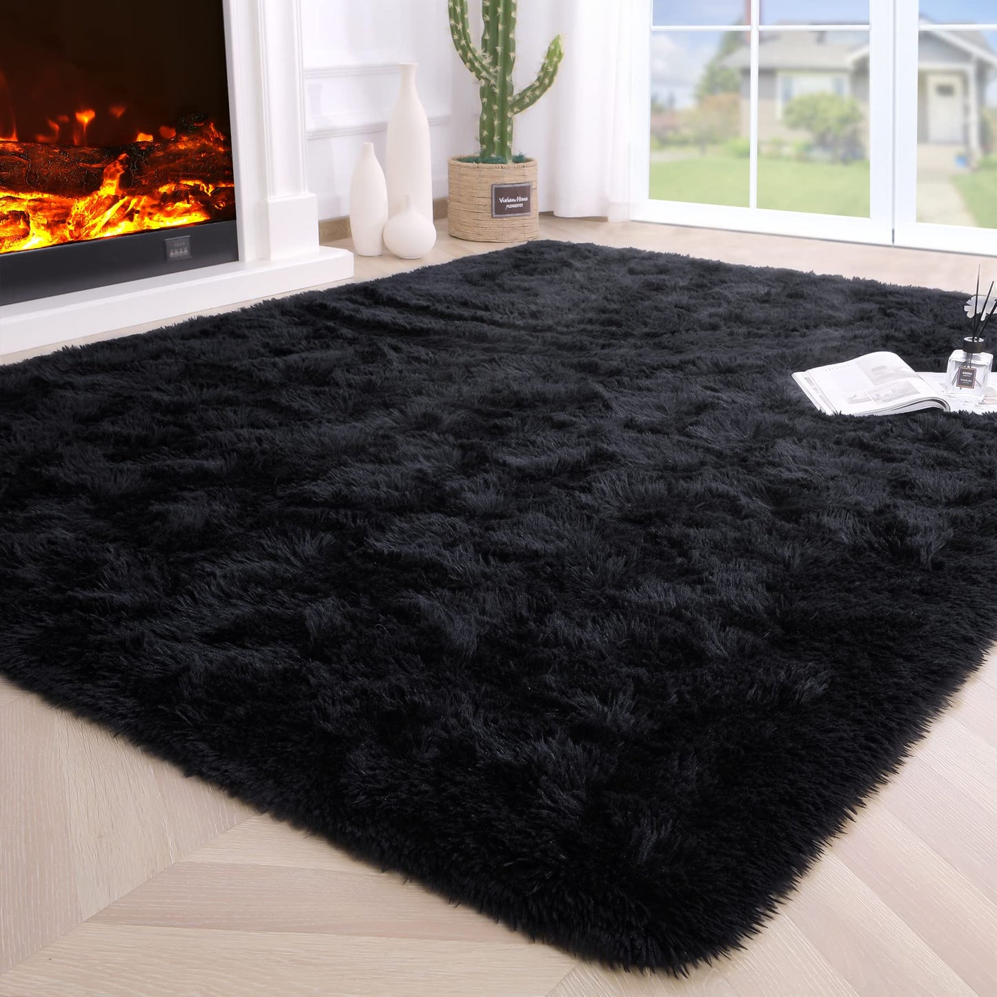 Noahas Fluffy Black Area Rugs for Bedroom Living Room,4x5.3 Feet Thick Shag Throw Floor Carpet,Soft Shaggy Non-Slip Plush Dorm Nursery Kids Rug Home Decor Aesthetic