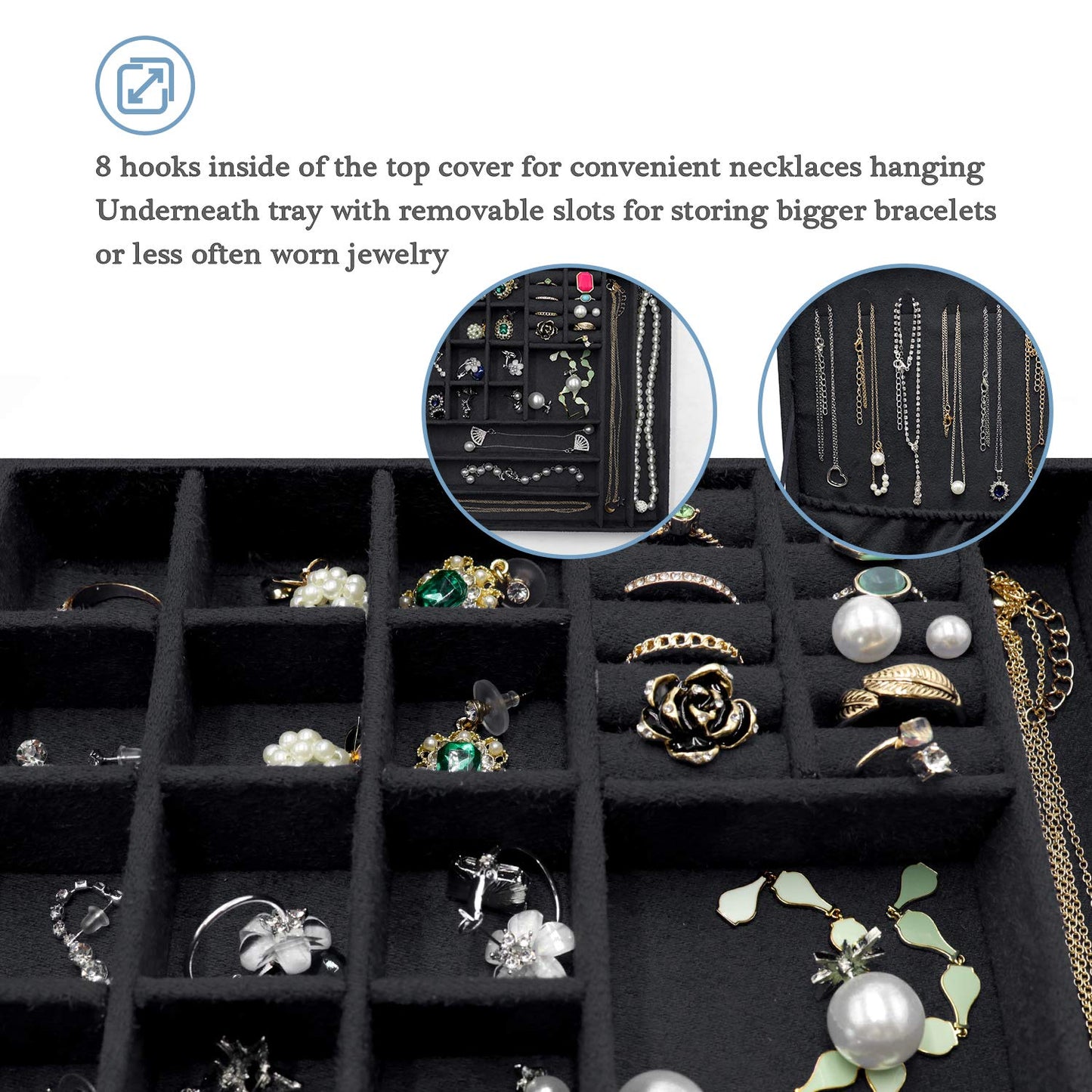 ProCase Velvet Jewelry Box Organizer for Women Father's Day, 2 Layer Jewelry Display Storage Holder Case for Necklace Earrings Bracelets Rings -Black