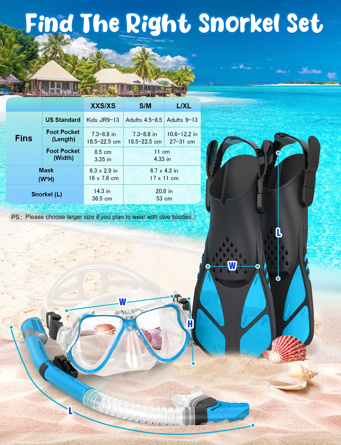 Zenoplige Mask Fins Snorkel Set, Snorkeling Gear for Adults, Panoramic View Snorkel Mask Anti-Fog, Adjustable Dive Flippers, Dry Top Snorkel and Travel Bag, Scuba Gear for Swimming Snorkeling Diving