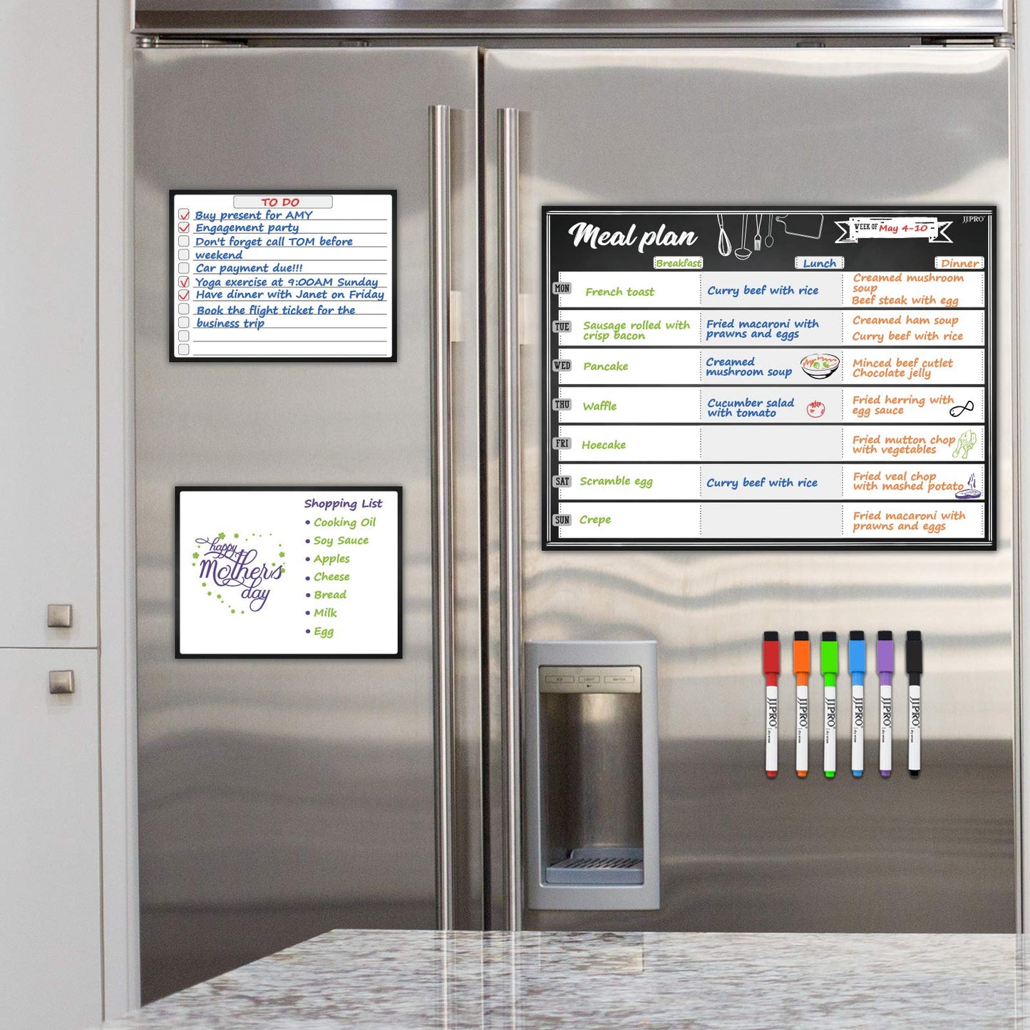 JJPRO Magnetic Dry Erase Meal Planning Whiteboard for Refrigerator-One 14.5x11 Weekly Menu Board and Two Notes Whiteboard for Kitchen Fridge-Refrigerator Organizer with Meal Planner Boards