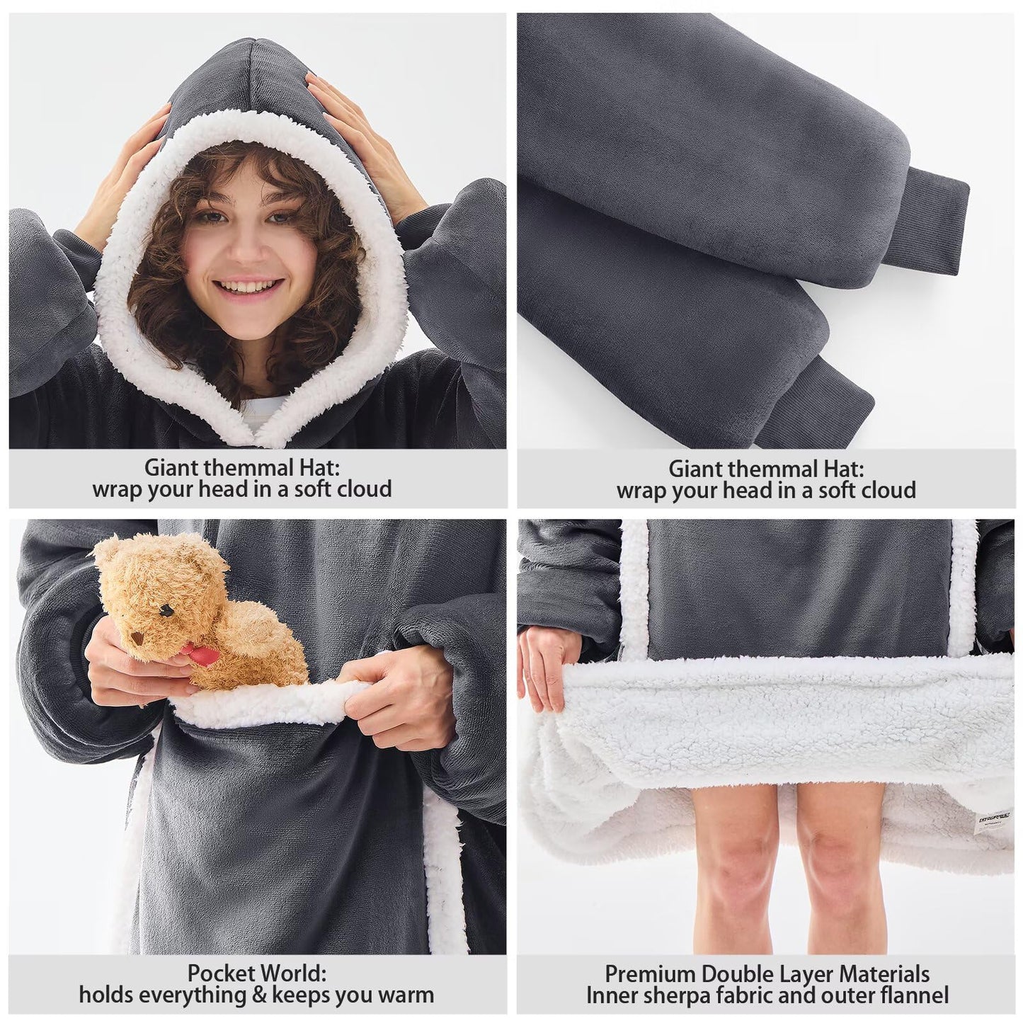 JOYWOO Wearable Blanket Hoodie, Birthday Gifts for Women Men Mom, Oversized Hooded Blanket for Adult, Cozy Fuzzy Sherpa Sweatshirt Blanket with Giant Pocket and Winter Gifts, Grey