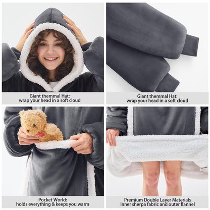 JOYWOO Wearable Blanket Hoodie, Birthday Gifts for Women Men Mom, Oversized Hooded Blanket for Adult, Cozy Fuzzy Sherpa Sweatshirt Blanket with Giant Pocket and Winter Gifts, Grey