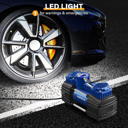 GSPSCN Portable Air Compressor Pump Tire Inflator with Digital Gauge, Heavy Duty Double Cylinder 12V Tire Pump 150 PSI with Tire Repair Kit and Toolbox for Auto,SUV,Off-Road,Truck,Bike (Blue)