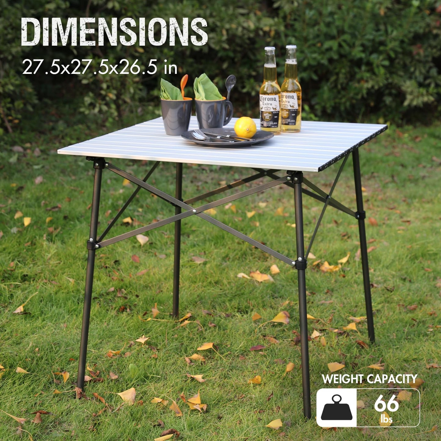 PORTAL Lightweight Aluminum Folding Square Table Roll Up Top 4 People Compact Table with Carry Bag for Camping, Picnic, Backyards, BBQ, Silver