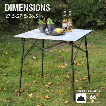PORTAL Lightweight Aluminum Folding Square Table Roll Up Top 4 People Compact Table with Carry Bag for Camping, Picnic, Backyards, BBQ, Silver