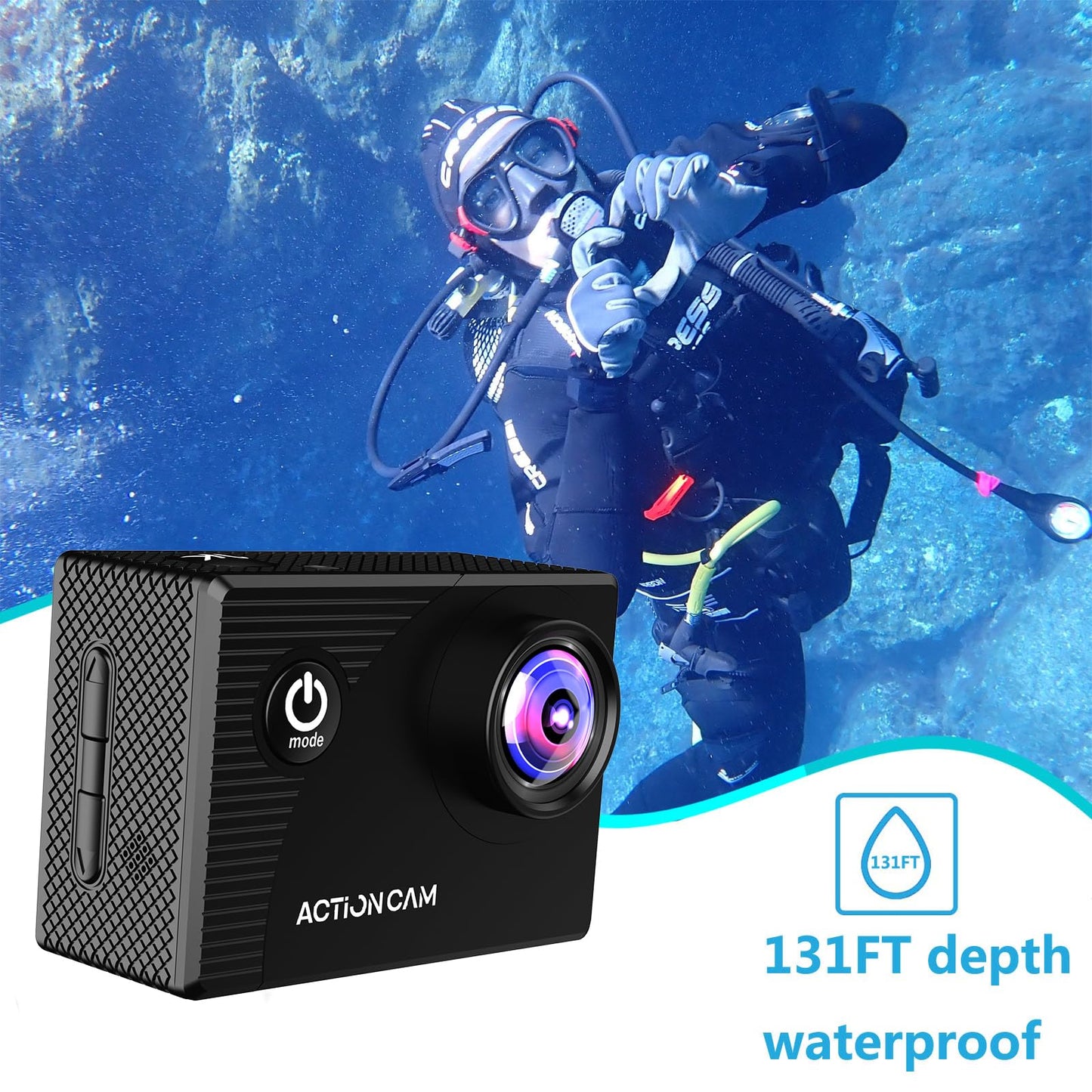 Xilecam Action Camera 1080P 30fps Sports Camera 40m/131ft Underwater Waterproof with 2 Batteries and Multi-Function Accessory
