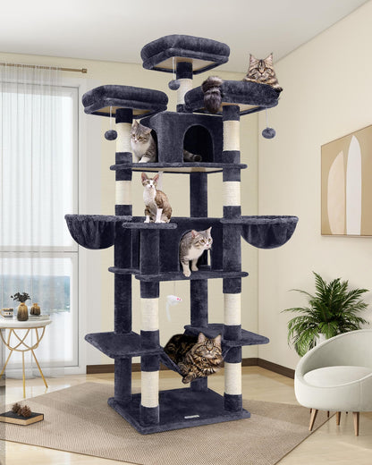 Globlazer Big Cat Tower for Indoor Cats, 80inch Cat Tower for Multiple Adult Cats XXL Cat Tree with Scratching Post, Hammock, 3 Perches, 2 Condos, 2 Hanging Basket, F80, Dark Grey