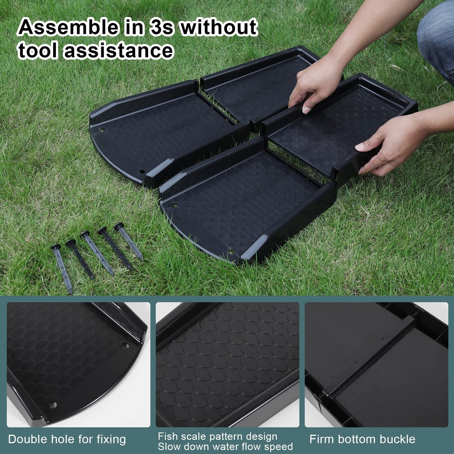 plusgutter Rain Gutter Downspout Splash Block, Gutter Downspout Extensions for Water Drainage, 24" Gutter Splash Guards Downspout Extender, Fixable Down spout Drain Trays with PE Nails(2 Pack, Black)