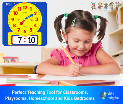 Large Dry Erase Magnetic Teaching Demonstration Clock, Kids Telling Time Learning Clock for Analog and Digital Time, Labelled Minute & Hour Hands, for School Classrooms & Homeschool Supplies