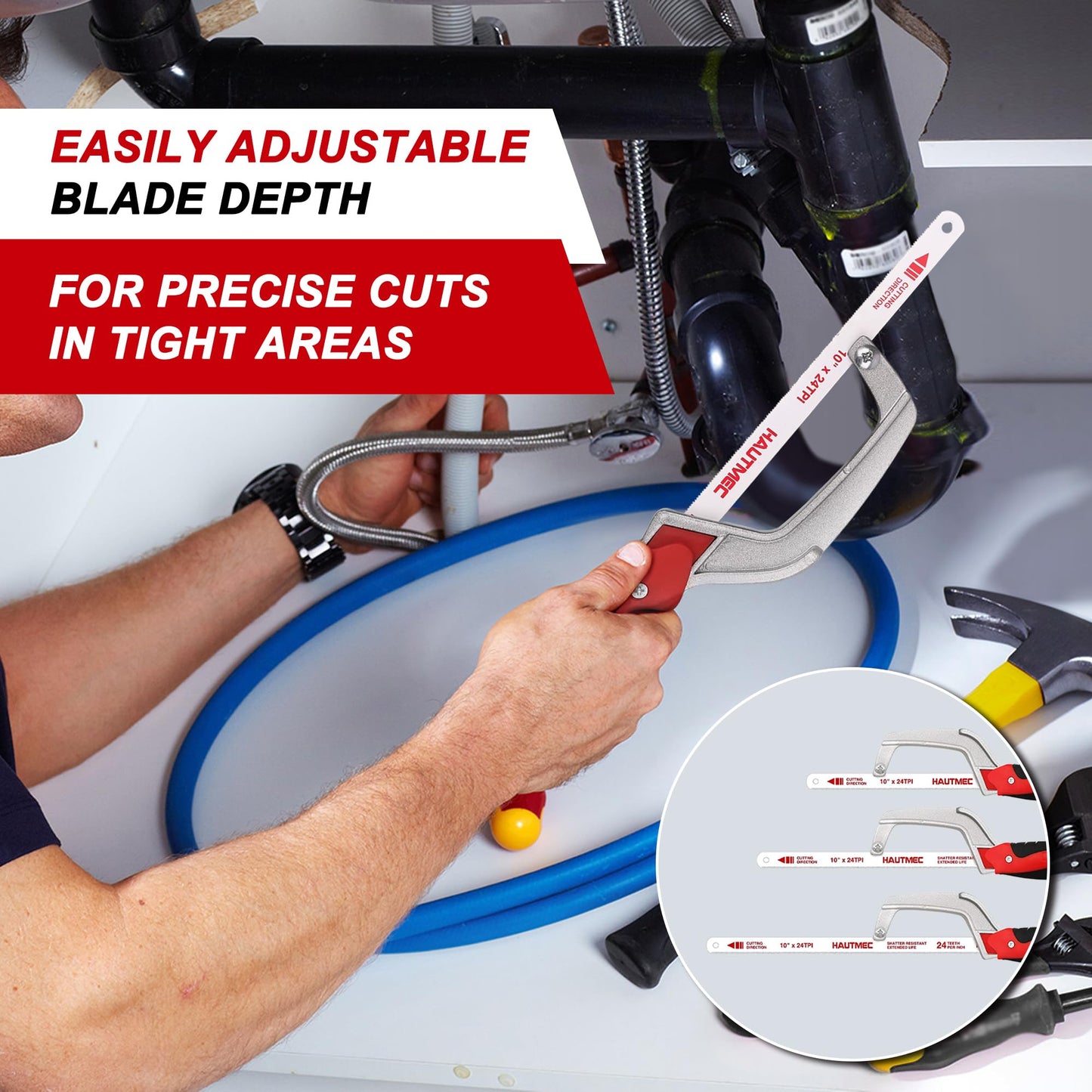 HAUTMEC Mini Hacksaw Small Hand Saw for Wood Metal Plastics Cutting Professional Hack Saw With 1 Pcs Bimetal Hss Blade, Especially Cuts In Tight Hard-Reach Spaces HT0035-PL