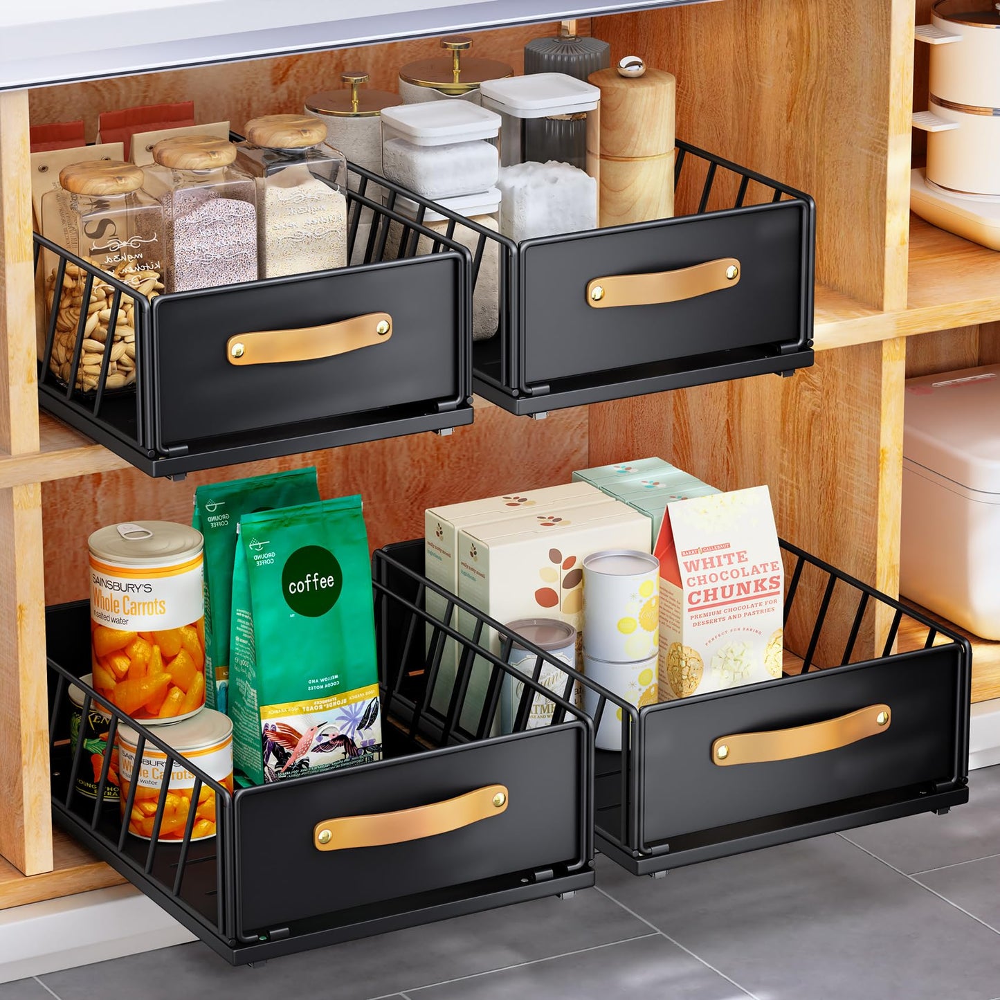 Pull out Cabinet Organizer Fixed with Adhesive Nano Film,Heavy Duty Slide out Pantry Shelves Drawer Storage,Sliding Mesh Cabinet Basket with Handle for Kitchen, Bathroom,Home, 11.8"W X15.7"D X6.2"H