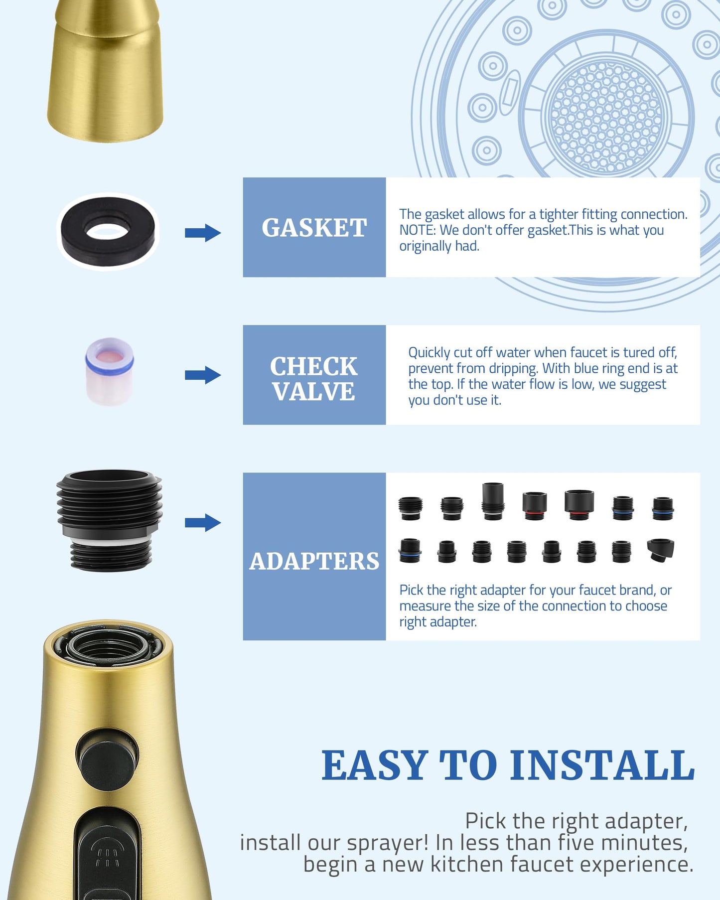 Kitchen Faucet Sprayer Head Replacement - with 15 Adapters Pull Down Faucet Spray Head, Pull Out Faucet Sprayer Nozzle, 3 Function Kitchen Tap Spray Spout Part Connector, Brushed Gold