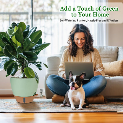 Fielda 8/10/12 Inch Self Watering Pots for Indoor/Outdoor Plants - Large Plastic Planter with Drainage Holes, Water Level Indicator & Deep Reservoir, Modern Decorative Flower Pots (Green)