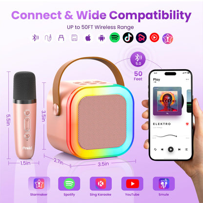 Peski Karaoke Machine for Kids Adults, Portable Bluetooth Mini Karaoke Microphone Singing Speaker Karaoke Player with 2 Wireless Mic, Birthday Gifts for Girls Boys Family Home Party(Rose Gold)