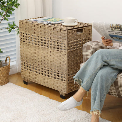 OIAHOMY Laundry Hamper with Lid, 140L Clothes Hamper with 3 Removable Liner Bags, Foldable Basket with Lid, Synthetic Wicker Laundry Basket for Bedroom, 27x 13 x 26 Inches, Yellow