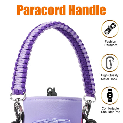 AceTreker 32/40/64/128 oz Neoprene Insulated Water Bottle Carrier Bag, Sport Bottle Sleeve Pouch Holder with Strap & Paracord Handle and 2 Pocket for Travelling, Hiking, Camping-Purple
