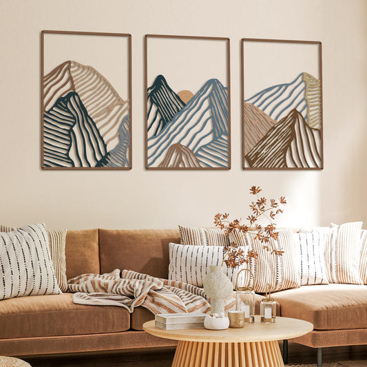 Peryiter Metal Wall Art 3 Piece Mountain Wall Art for Living Room Abstract Minimalist Mountain Line Pictures Gifts Decor for Summer Home Bathroom Office(Vibrant Colors)