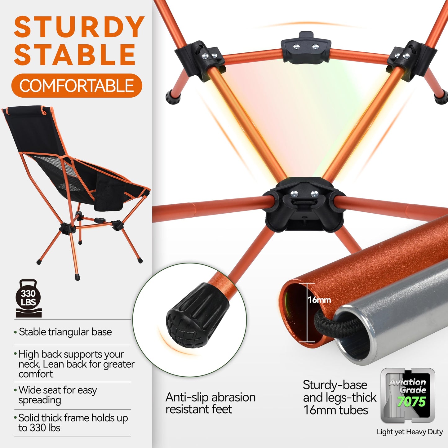 MARCHWAY Lightweight Folding High Back Camping Chair with Head Support, Stable Portable Compact for Outdoor Camp, Travel, Beach, Picnic, Festival, Hiking, Backpacking (Highback Orange)