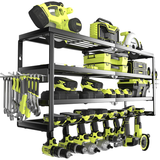 MOOMSINE 4 Layer Power Tool Organizer Wall Mount, Battery Tools Holder with Charging Station Shelf, Cordless Drill Hanger Storage Rack for Garage Organization, Workshop, Pegboard - 32 Inch 8 Slots