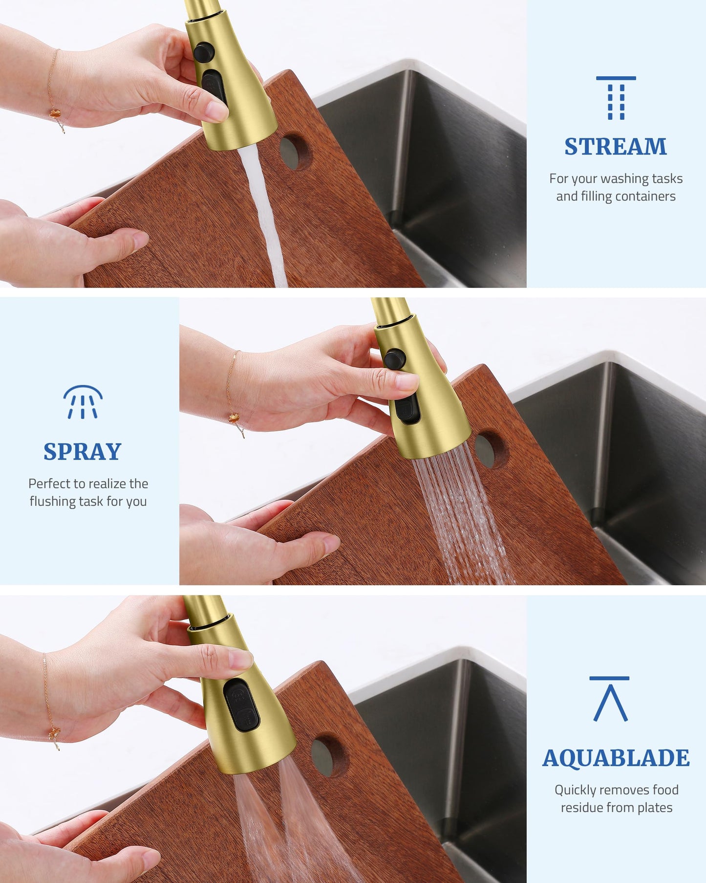 Kitchen Faucet Sprayer Head Replacement - with 15 Adapters Pull Down Faucet Spray Head, Pull Out Faucet Sprayer Nozzle, 3 Function Kitchen Tap Spray Spout Part Connector, Brushed Gold