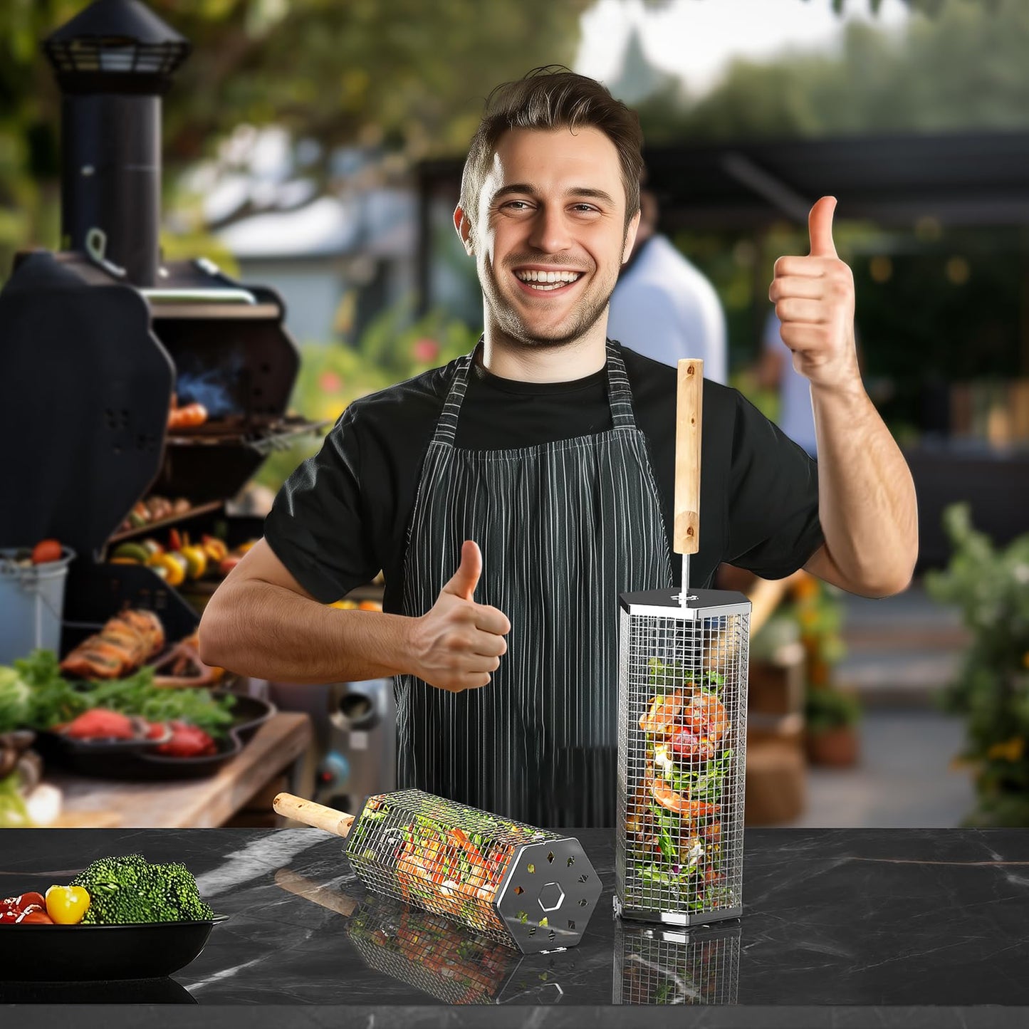 ivtivfu Rolling Grill Baskets (Hexagon), Removable Wooden Handle, 304 Stainless Steel, Nesting Grilling Net, BBQ Accessories Tools for Vegetables Shrimp, Outdoor Cooking Camping, Birthday Gifts for Men Dad Husband