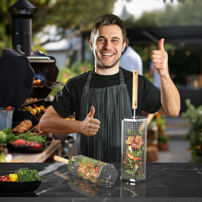 ivtivfu Rolling Grill Baskets (Hexagon), Removable Wooden Handle, 304 Stainless Steel, Nesting Grilling Net, BBQ Accessories Tools for Vegetables Shrimp, Outdoor Cooking Camping, Birthday Gifts for Men Dad Husband