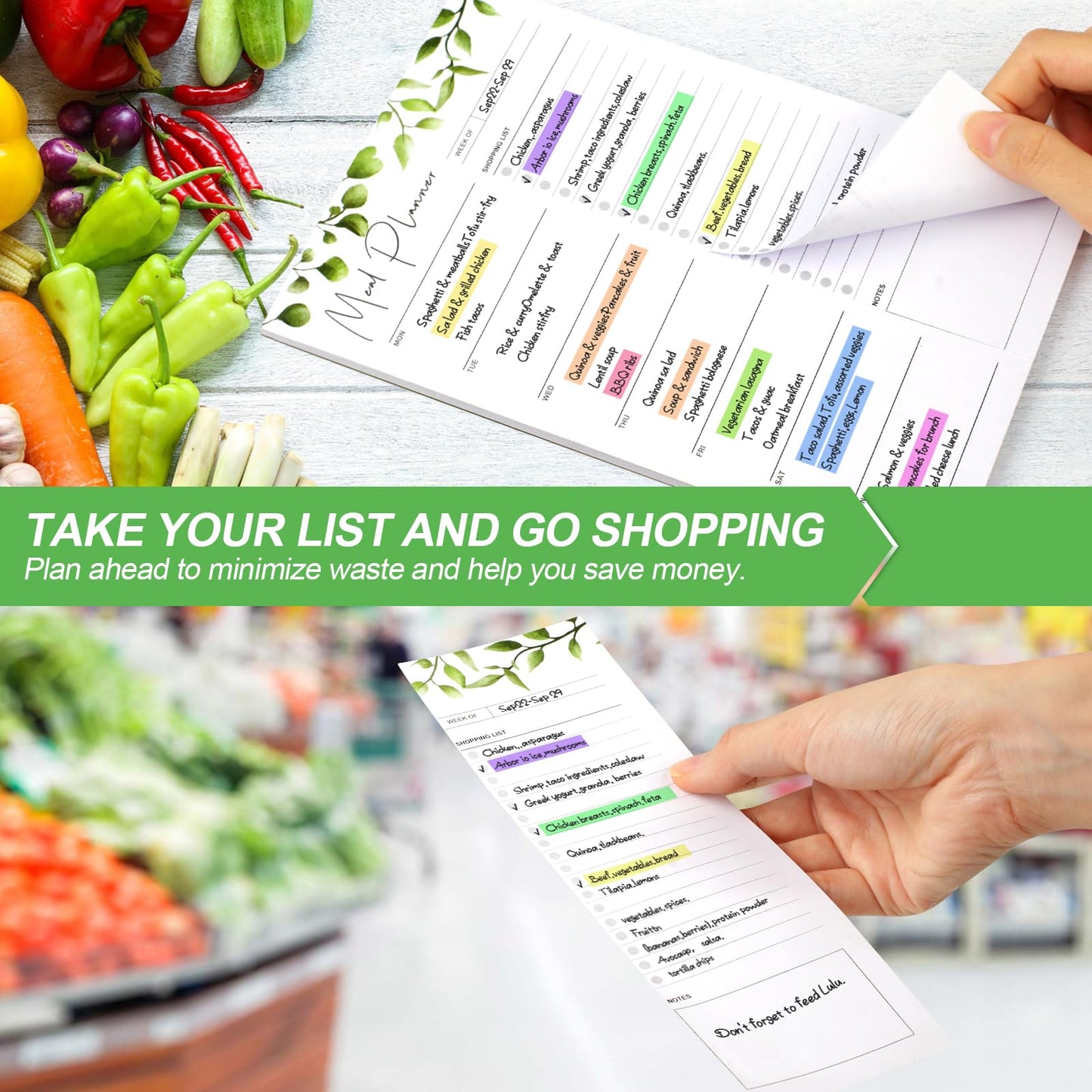 Joyberg 2 PCS Weekly Meal Planner Magnetic for Fridge 8.3x5.5”, Undated Weekly Meal Planner and Grocery List Tearable Shopping List, Magnetic Menu Planner for Fridge for Weekly Plan - 50 Pages/Book