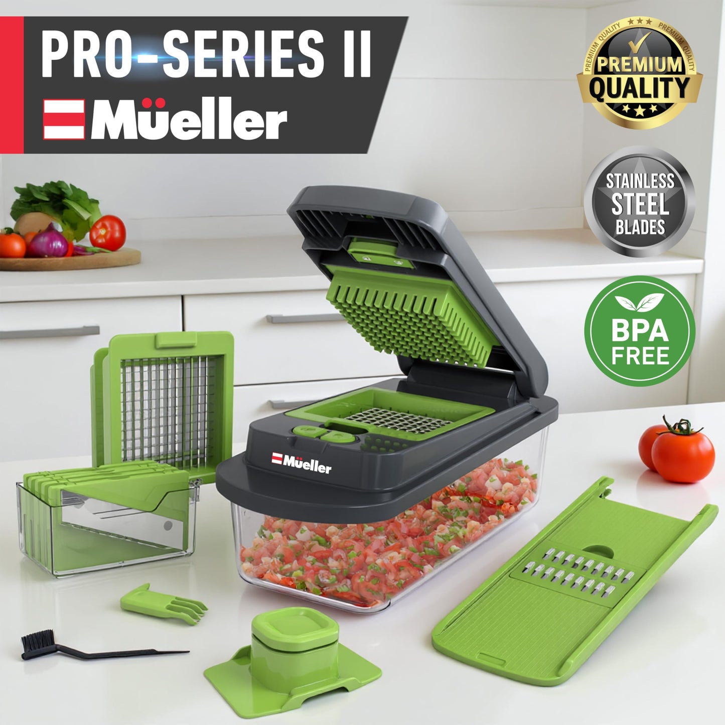 Mueller Pro-Series 10-in-1, 8 Blade Vegetable Chopper, Onion Mincer, Cutter, Dicer, Egg Slicer with Container, French Fry Cutter Potato Slicer, Home Essentials, Salad Chopper,Gray/Green