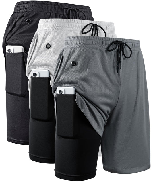 JWJ 3 Pack Men's 2 in 1 Workout Running Shorts 7 Inch Lightweight Athletic Gym Shorts with Compression Liner Black Dark Grey Light Grey L