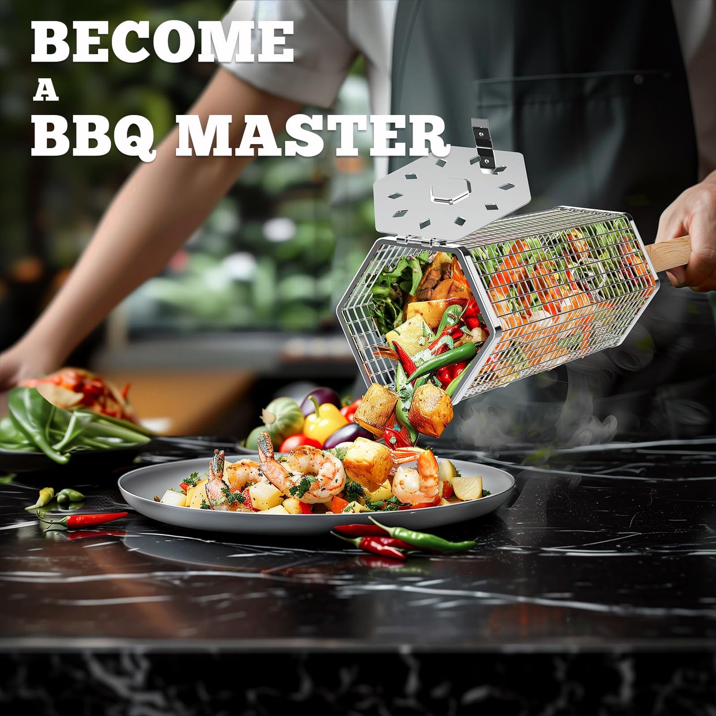 ivtivfu Rolling Grill Baskets (Hexagon), Removable Wooden Handle, 304 Stainless Steel, Nesting Grilling Net, BBQ Accessories Tools for Vegetables Shrimp, Outdoor Cooking Camping, Birthday Gifts for Men Dad Husband