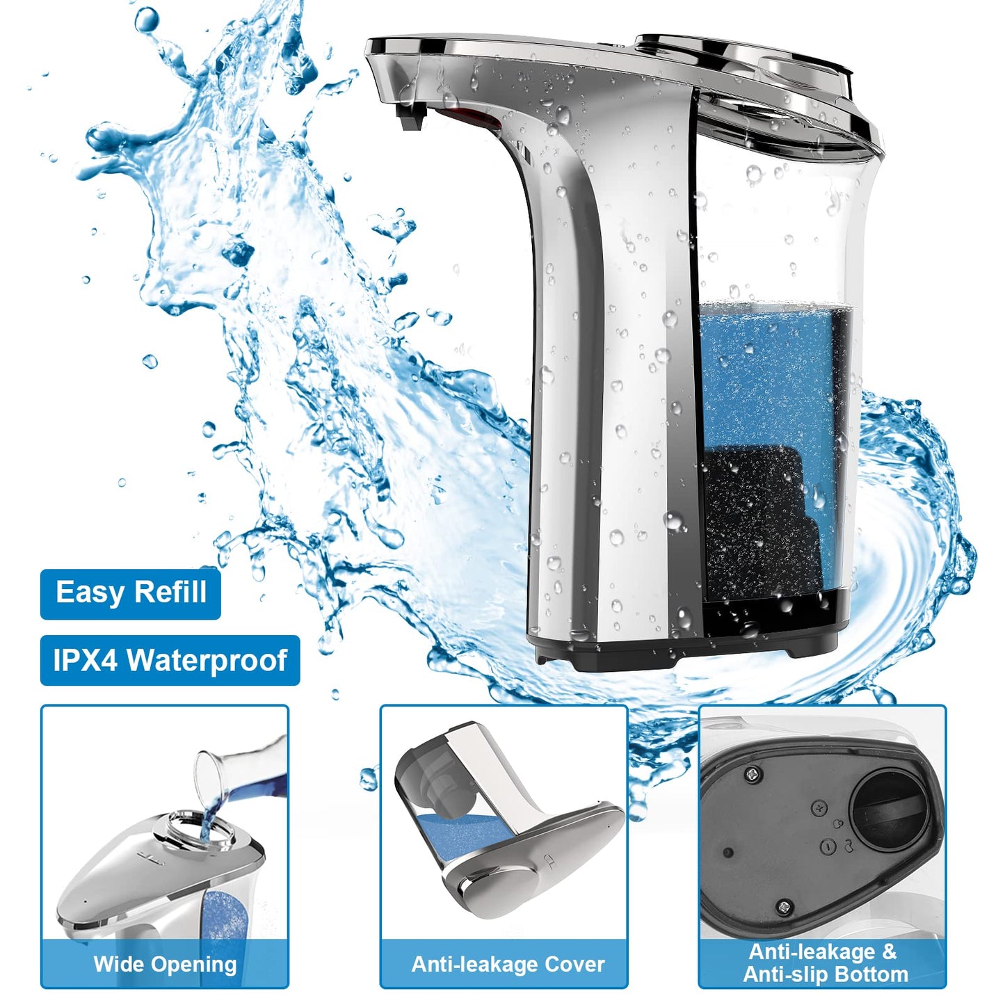 PZOTRUF Automatic Soap Dispenser, Touchless Dish Soap Dispenser 17oz/500ml with Infrared Sensor, 5 Adjustable Soap Levels, Liquid Dispenser for Bathroom Kitchen (Silver)