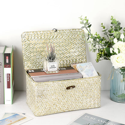 Hipiwe Seagrass Storage Basket Bins with Lid, Handwoven Wicker Shelf Baskets Bin Rectangular Household Basket Organizer Boxes for Shelf Closet Bedroom Home Decor, Whitewash Medium