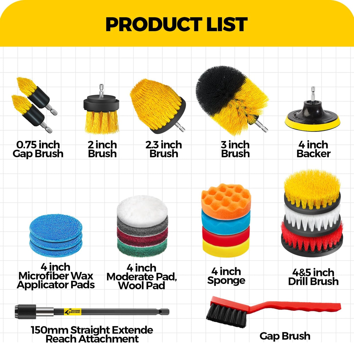 Holikme 22Pack Drill Brush Attachments Set,Scrub Pads & Sponge, Buffing Pads,Power Scrubber Brush,Car Polishing Pad Kit,Wax Applicator Pad,Car Cleaning Kit,Masonry Brushes,Cleaning Supplies