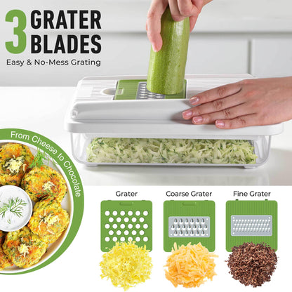 Mueller Vegetable Chopper 9 Blade, Mandoline Slicer, Food Veggie Chopper, Cheese Grater, Onion Vegetable Cutter with Container, Dicer, Kitchen Gadgets & Essentials, White Sand/Green