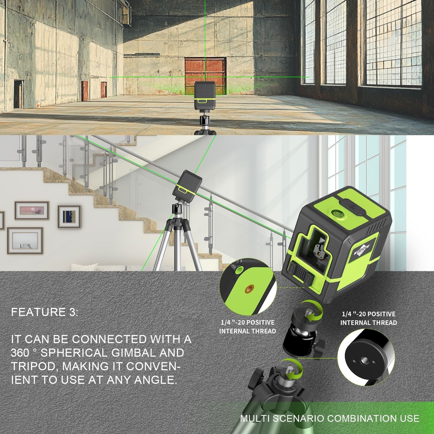 Laser-Level-with-Tripod, 1200mah lithium battery, can be standby for 10 hours, can be recharged，Green Cross Line Laser with Tripod Self-Leveling, Lazer Leveler Tool for Picture Hanging